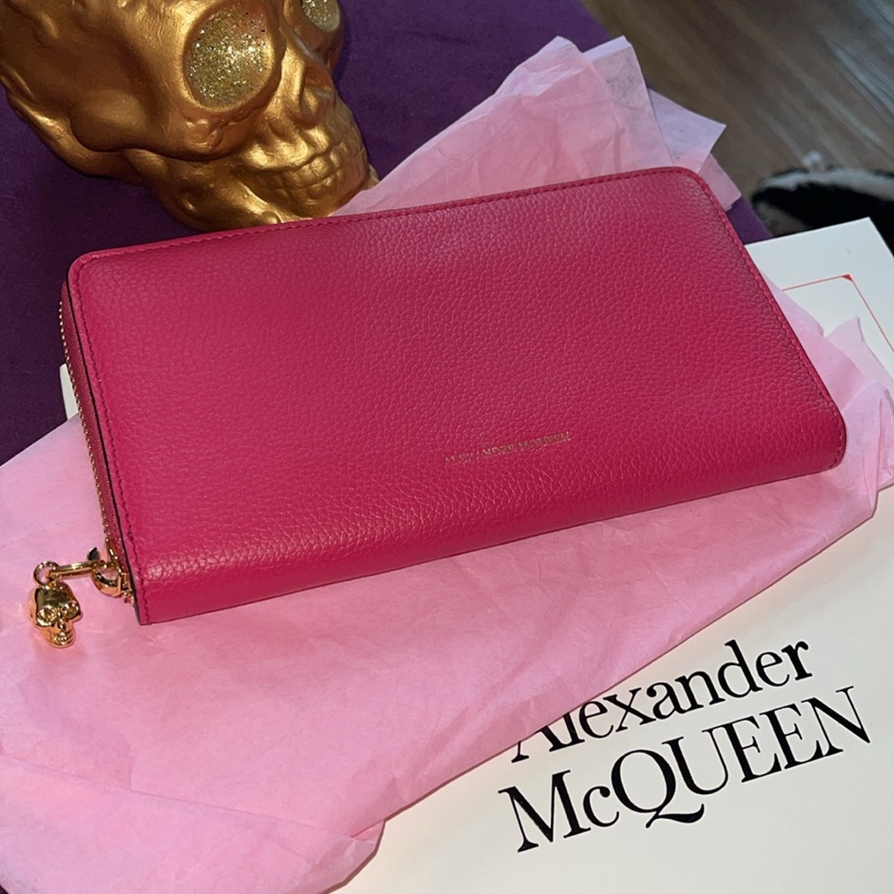 Alexander McQueen Pink Leather Wallet Gold Skull Zipper Pull